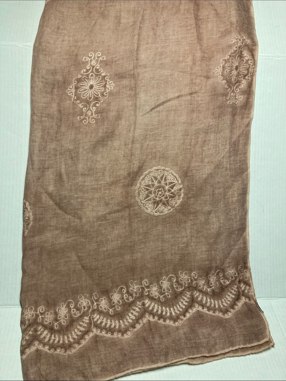Eyeful-Embroidered Dusty Rose Shawl/Scarf with Delicate Motifs